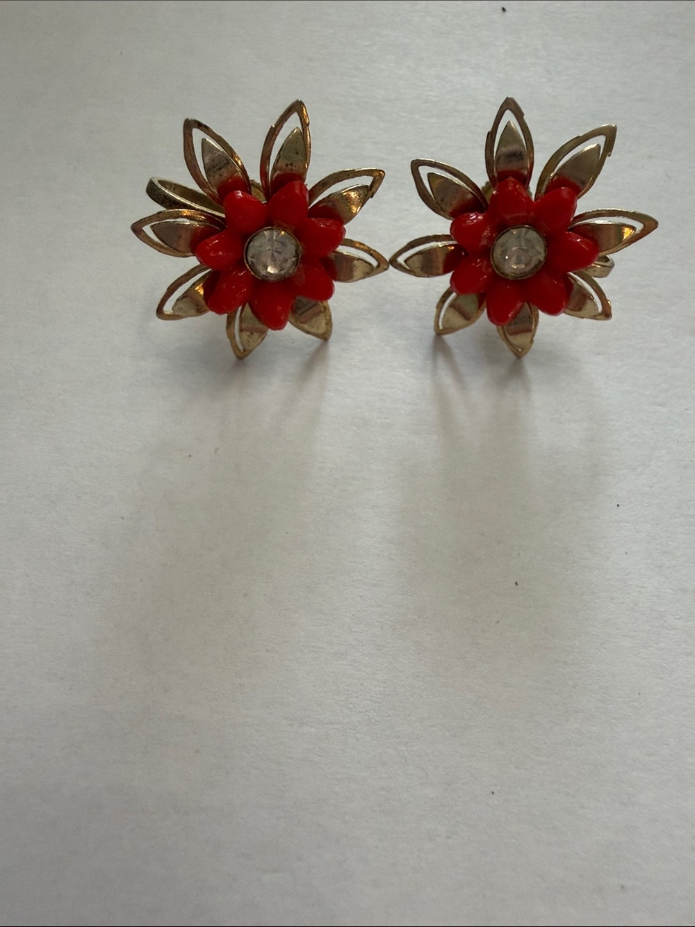 Vintage Gold-Tone Red Floral Crystal Stud Earrings - Women Jewelry